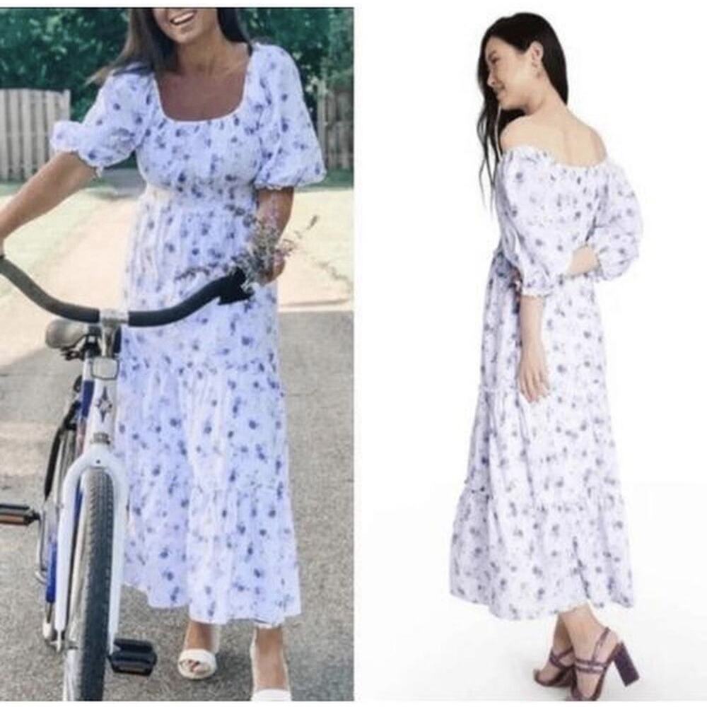 Love Shack Fancy White Purple Floral Gemma Tiered Puff Sleeve Maxi Dress Sz M